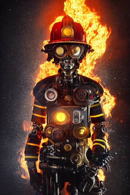 Prompt: a beautiful ultra detailed fine art portrait of a futuristic mechanical cybernetic fireman cyborg against backdrop of flames fire, by tom bagshaw and anna dittman, firefighter outfit uniform, flying amber, studio lighting, firefighter, golden ratio composition, 3 5 mm lens, cybernetic scifi, deep depth of field, artstation, 8 k