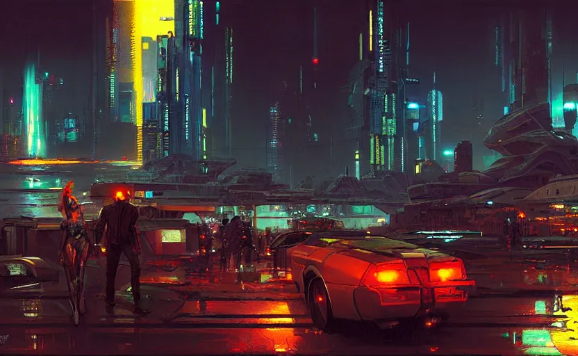 Image similar to a cyberpunk futuristi and cinematic harbour at night by greg ruthkowski and craig mullins