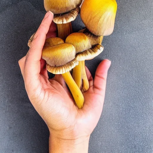 Image similar to iphone 1 3 pro photo of hands holding a golden teacher mushrooms