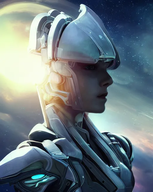Prompt: photo of a android girl on a space ship, warframe armor, beautiful face, scifi, nebula reflections, futuristic background, dreamy, long white hair, blue android eyes, glowing, 8 k high definition, insanely detailed, intricate, innocent, art by akihiko yoshida, antilous chao, li zixin, woo kim