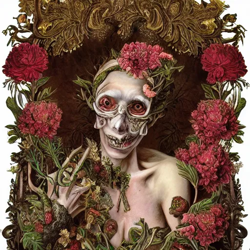 Prompt: a beautiful detailed front view rococo portrait of a rotten woman corpse becoming almost a skull with face muscles, veins, artery, fractal plants and fractal flowers and mushrooms growing around, intricate, ornate, volumetric light, beautiful lit, beetlejuice