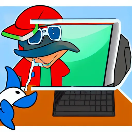 Image similar to A dolphin wearing a chemist outfit playing games on a computer, digital art