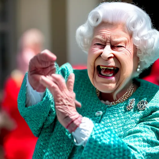 Image similar to elderly woman screaming at queen elizabeth ii as a 1 9 8 0 s wrestling action figure, canon eos r 3, f / 1. 4, iso 2 0 0, 1 / 1 6 0 s, 8 k, raw, unedited, symmetrical balance, wide angle