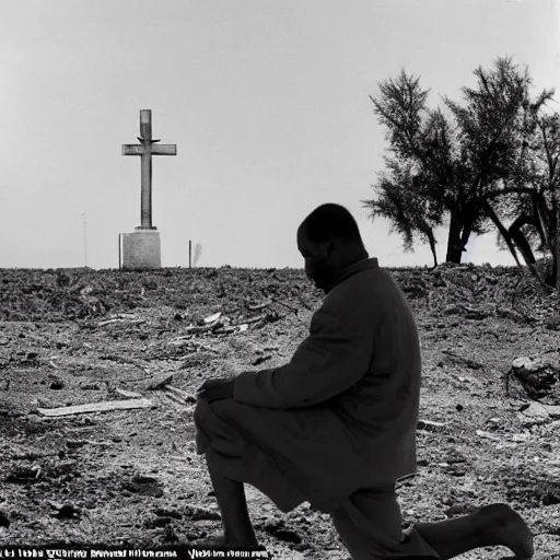 Prompt: a lone man is kneeling before a wooden cross in a barren wasteland as the plume from the explosion of a nuclear bomb is seen in the distance