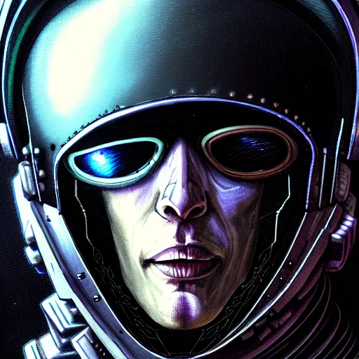 Prompt: A close up portrait of the most wanted cyberpunk space pirate warping time and space, parsec record, wearing menacing skull space helmet, trading illegal goods, magic mushrooms, psilocybin, LSD, dark force full face space helmet, space pressurized suit, futuristic, ghost in the shell, detailed, intricate, elegant, highly detailed, digital painting, artstation, concept art, smooth, sharp focus, akira style illustration, art by Krenz Cushart and Artem Demura and Alphonse Mucha