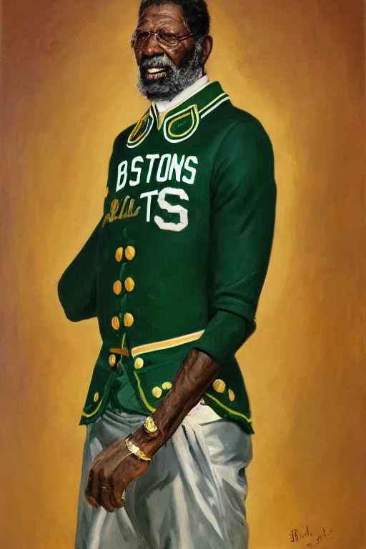 Image similar to full body portrait of the dictator of the boston celtics, bill russell, 1 8 8 9, in full military garb, oil on canvas by william sidney mount, trending on artstation