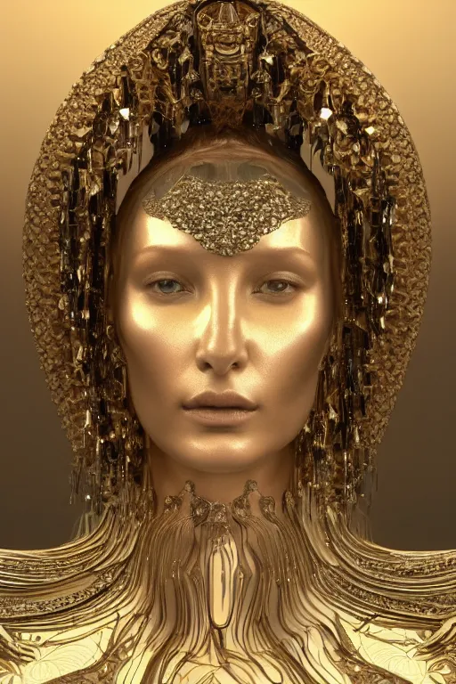 Image similar to a portrait of a beautiful ancient alien woman goddess bella hadid deity standing in iris van herpen dress in diamonds and fractals in style of alphonse mucha art nuvo dmt trending on artstation made in unreal engine 4