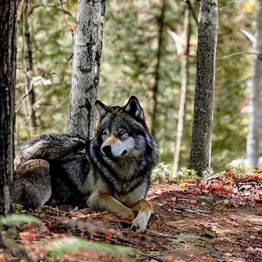 Prompt: in the forest, a timber wolf watches a blonde teenage girl wearing a red hoodie