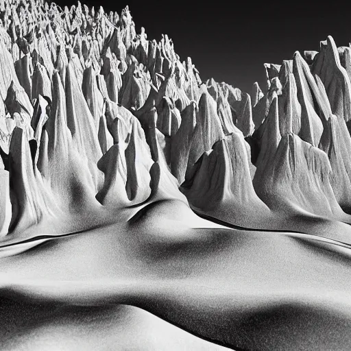 Prompt: landscape hills made of liquid melted wax paper and white brutalist desert gothic cathedral