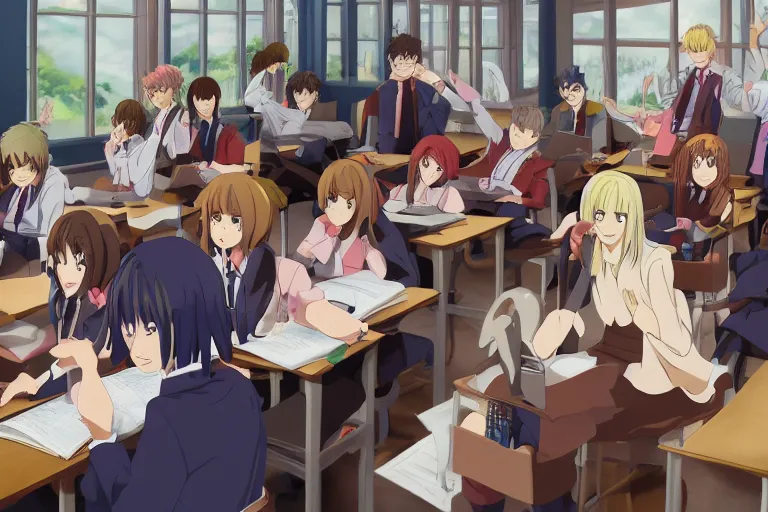 Premium AI Image  Anime Classroom Scene with Beautifully Detailed Art  Style and Group of Students Engaged in Learning