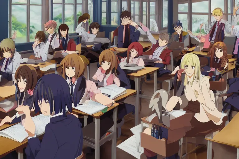 a beautiful picture of people in classroom, anime,, Stable Diffusion