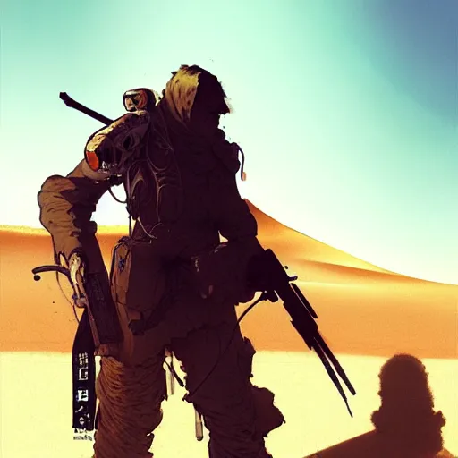 Prompt: man in the desert looking for wifi by Akihito Yoshitomi AND Yoji Shinkawa AND Greg Rutkowski, Mark Arian trending on artstation