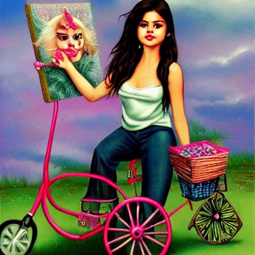 Prompt: Selena Gomez on a tricycle, lowbrow painting by Mark Ryden