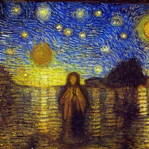 Prompt: holy heat by leonardo davinci and monet, trending on artstationhd, highly detailed, starry night background, beautiful painting, prayers, meditation, halos