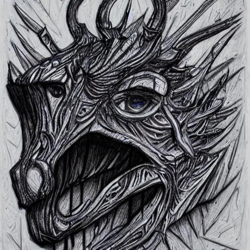 Image similar to ballpoint pen art of a nightmare creature made of wrought iron and cardboard