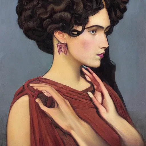 Image similar to a oil painting of a fair skin with dark curly stylised hair queen wearing dress, by nicholas roerich, by georgia o keeffe by frederick william elwell, by otomo highly detailed, realistic, outline, line work concept art, jewels, oriental, desaturated, animation