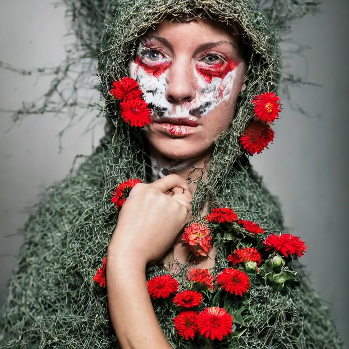 Prompt: closeup portrait of a woman wearing a hooded cloak made of zinnias and barbed wire, in a derelict house, by Terry Richardson, natural light, detailed face, CANON Eos C300, ƒ1.8, 35mm, 8K, medium-format print