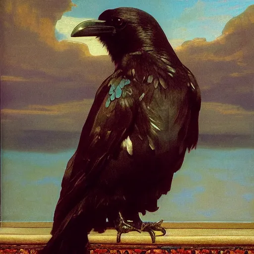 Image similar to a beautifully photoreal clear detailed victorian portrait of a close up raven on a victorian sill with an ornate velvet teal curtain at beautiful sunset daytime nature sunlit painting by frederic leighton and turner and rosetti, 8 k, octane render