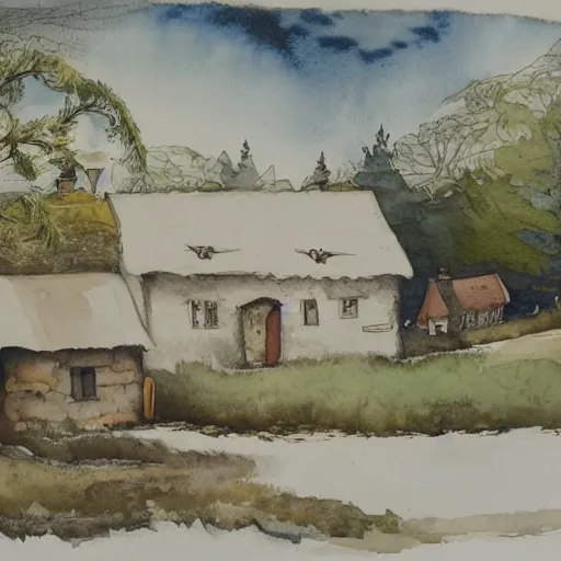 Prompt: a watercolor and ink painting of a cottage, drawn on white parchment paper, vibe, atmosphere, detailed, muted colors, by greg rutowski and james gurney