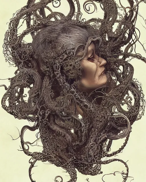 Prompt: centered beautiful detailed side view profile portrait of a insane, crazed, mad old woman with long grey hair, ornate tentacles growing around, ornamentation, thorns, vines, tentacles, elegant, beautifully soft lit, full frame, by wayne barlowe, peter mohrbacher, kelly mckernan, h r giger