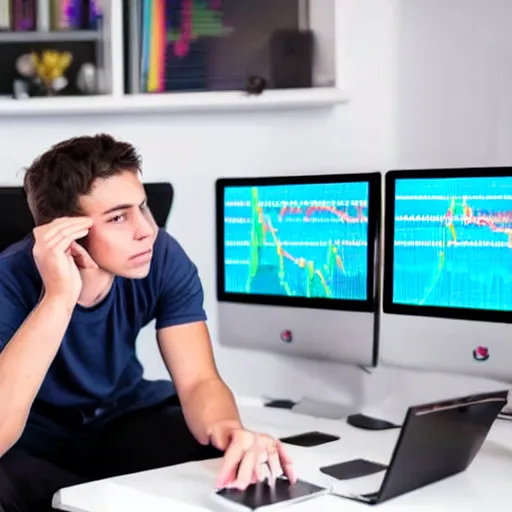 Prompt: a young man sitting on his computer in his messy bedroom staring at several computer monitors showing crypto trades, chill vibes