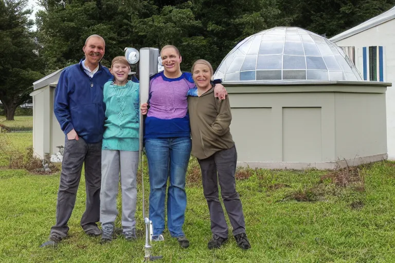 Prompt: a family stand on front of a dome weather station