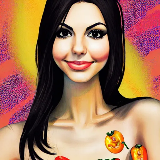 Image similar to one face shot of victoria justice in a jalapeno by 5 randomly selected famous illustrators. vastly enriched image quality. lucidly vivid. iridescentally detailed. extremely elegant and beautiful.