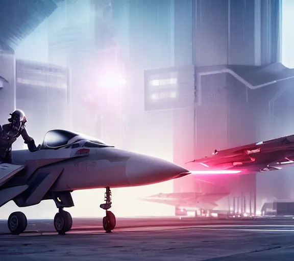 Prompt: fighter pilot stands beside futuristic sci fi fighter jet grounded at runway of cyberpunk city ,dark cinematic lighting , digital concept art