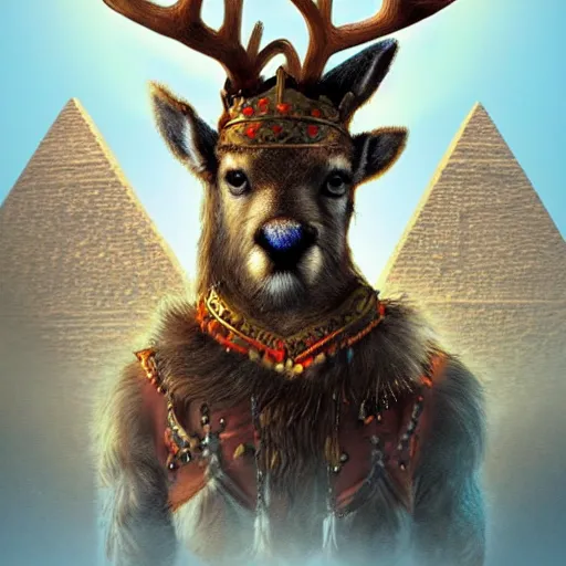 Image similar to A small reindeer king sitting on a throne in Egypt, highly detailed portrait, scifi, digital painting, artstation, concept art, smooth, sharp foccus ilustration, Artstation HQ