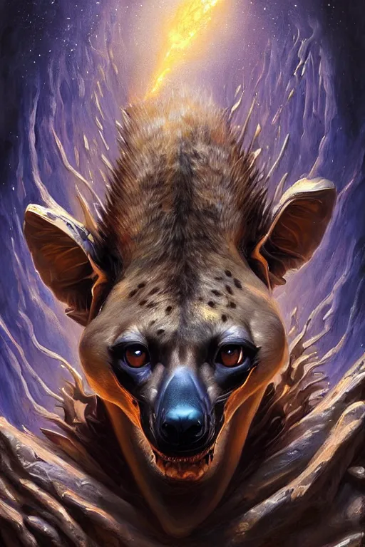 Image similar to beautiful oil painting with high detail and of a Hyena-Skeleton-Plasma-Galaxy God hybrid from dungeons and dragons and art direction by James Cameron ;by artgerm; wayne reynolds art station; cinematic quality character render; low angle; ultra high quality model; production quality cinema model;