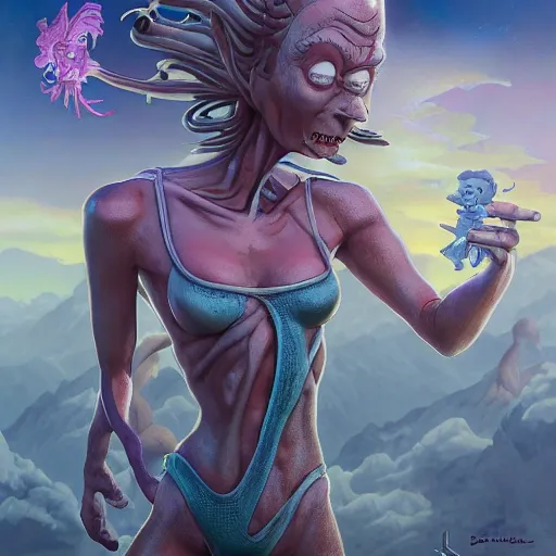 Image similar to rick and morty, fantasy character portrait, bikini, bodysuit, leotard, ultra realistic, wide angle, intricate details, the fifth element artifacts, highly detailed by peter mohrbacher, hajime sorayama, wayne barlowe, boris vallejo, paolo eleuteri serpieri