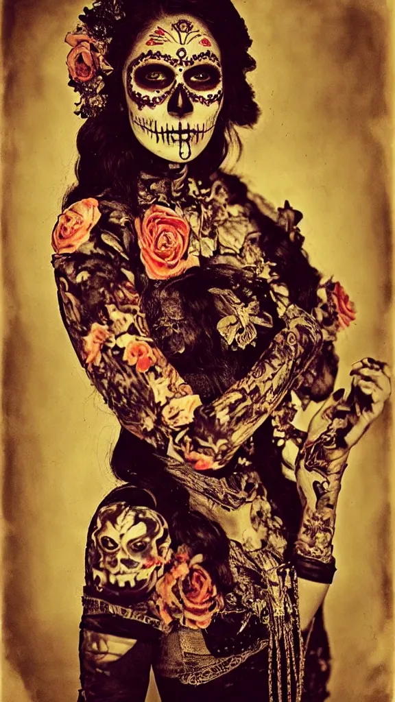 Image similar to tintype full body view, girl in dia de muertos dress and make up, horrific beautiful vibe, evocative, atmospheric lighting, painted, intricate, highly detailed,