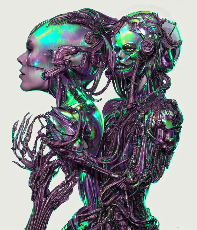 Image similar to fully symmetrical centered iridescent portrait of a beautiful princess demon in robe. skulls artificial muscles, ribcage, bones, hard surface modelling. cyberpunk look. biomechanical mask. bio luminescent biomechanical halo around head. neon jellyfish. artwork by jarold Sng by artgerm, by Eddie Mendoza, by Peter mohrbacher by tooth wu, unreal engine, octane render, cinematic light, high details, iridescent colors, dichroic, macro, depth of field, blur