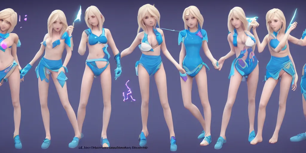 Image similar to character sheet of pool party lux (league of legends), action poses, 3d render, octane render, 4K, highly detailed