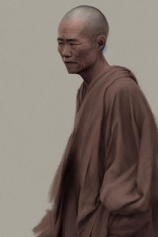 Image similar to Japanese monk, portrait, poor, intricate, elegant, volumetric lighting, scenery, digital painting, highly detailed, artstation, sharp focus, illustration, concept art,ruan jia, steve mccurry