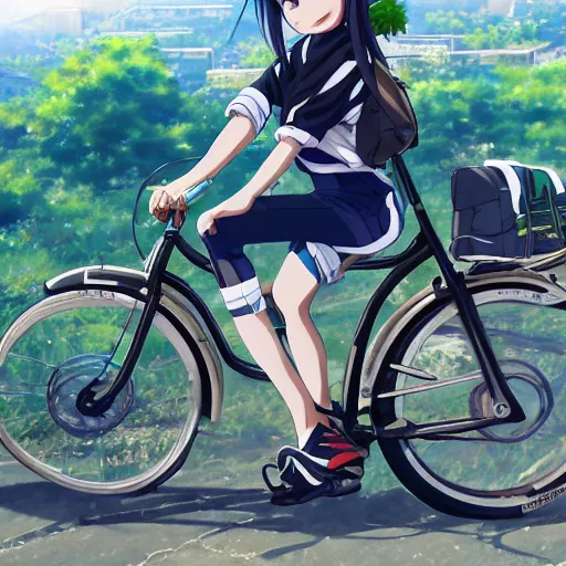 Prompt: close up of a high definition anime girl with streetwear clothing in a bike with armenia quindio in the background , Artwork by Makoto Shinkai, pixiv, 8k, official media, wallpaper, hd