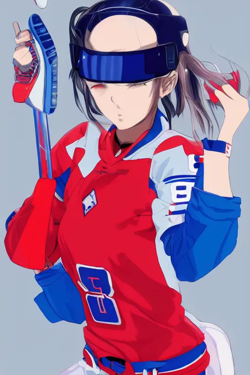 Image similar to beautiful female akira anime cyberpunk super star cute ice hockey player, wearing a light futuristic habs jersey, blue white and red color blocking, character concept exploration, outfit designs, trending on artstation, photorealistic, 8k