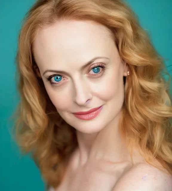 Image similar to beautiful portrait photo of Heather Graham, slight smile, 85mm, teal studio backdrop