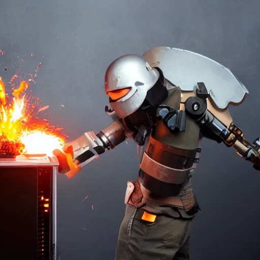Image similar to angry man in juggernaut armor burning a desktop tower pc with a military flamethrower