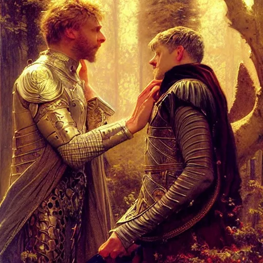 Prompt: stunning arthur pendragon in love with stunning male merlin the mage. they are close to each other. highly detailed painting by gaston bussiere, craig mullins, j. c. leyendecker