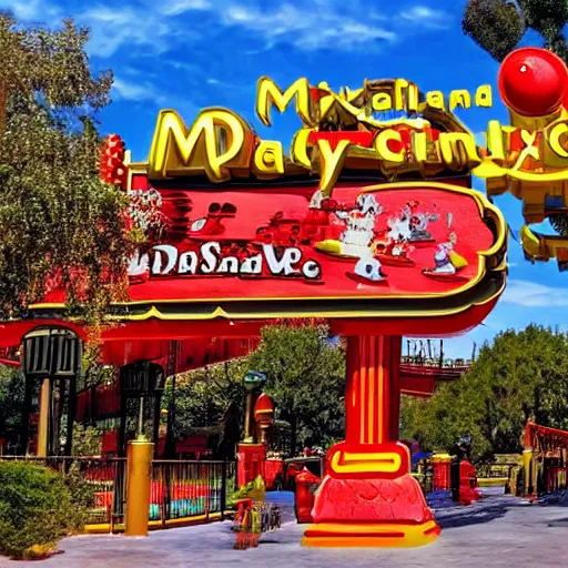 Image similar to Dixieland Chinese bootleg theme park of Disneyland, Horror, Creepy, Spooky, McDonald's haunts Dixieland, HDR, Camcorder, VHS quality,