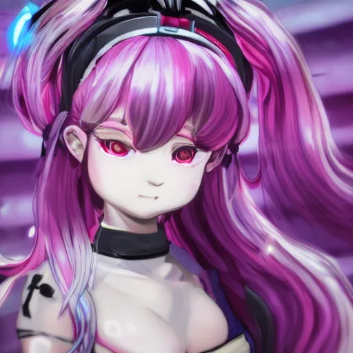 Image similar to stunningly beautiful omnipotent megalomaniacal anime asi goddess who looks like junko enoshima with symmetrical perfect face and porcelain skin, pink twintail hair and cyan eyes, traps you inside her inescapable vr prison where she controls you completely!!!, hyperdetailed, digital art from danganronpa, unreal engine 5, 8 k