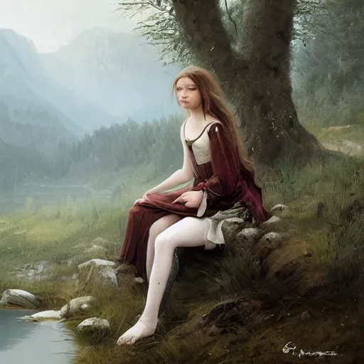 Prompt: Cute young Harpy girl, wearing medieval clothes, sad expression, sitting at a pond, mountainous area, trees in the background, oil painting, by Greg Rutkowski