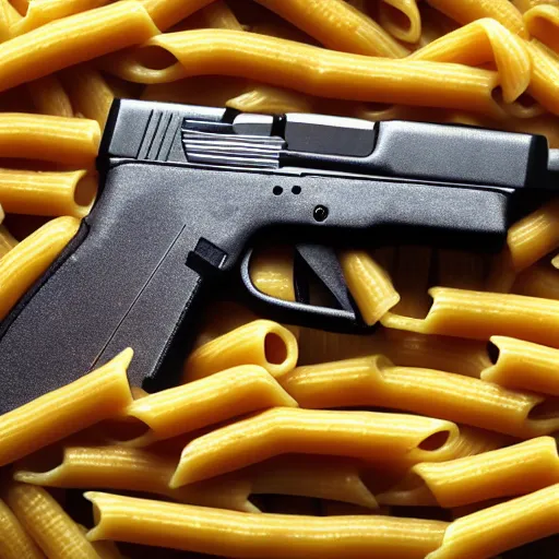 Image similar to long shot photograph of a human made of penne pasta carrying a glock-19, 4k, ultra HD