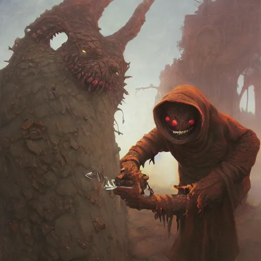 Image similar to grinning hellpunk the thieving Goblin wearing a grubby brown hoodie sweater whilst pointing a dagger at you chris cold marc simonetti ross tran greg rutkowski dan witz john currin vik muniz robert gober oil painting