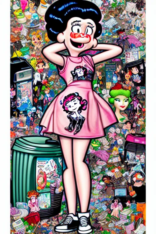 Prompt: full view, from a distance, of anthropomorphic trashcan who is betty boop, full of trash, style of yoshii chie and hikari shimoda and martine johanna, highly detailed