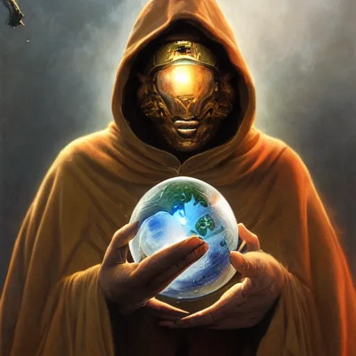 Image similar to masked nomad male wearing a cloak on and holding a holographic planet projection in his hand, detailed, sci - fi, digital painting, artstation, sharp focus, illustration, ominous, artgerm, tomasz alen kopera, peter mohrbacher, donato giancola, joseph christian leyendecker, wlop, frank frazetta