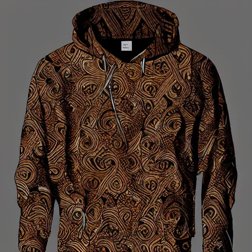 Image similar to batik hoodie pattern, dark brown, trendsetter, fashion of the year, fiction, stability, intricate, elegant, 8 k, uhd, justify, artstation, concept art, matte, sharp focus, illustration, consistent, highly detailed object content, proportional object content