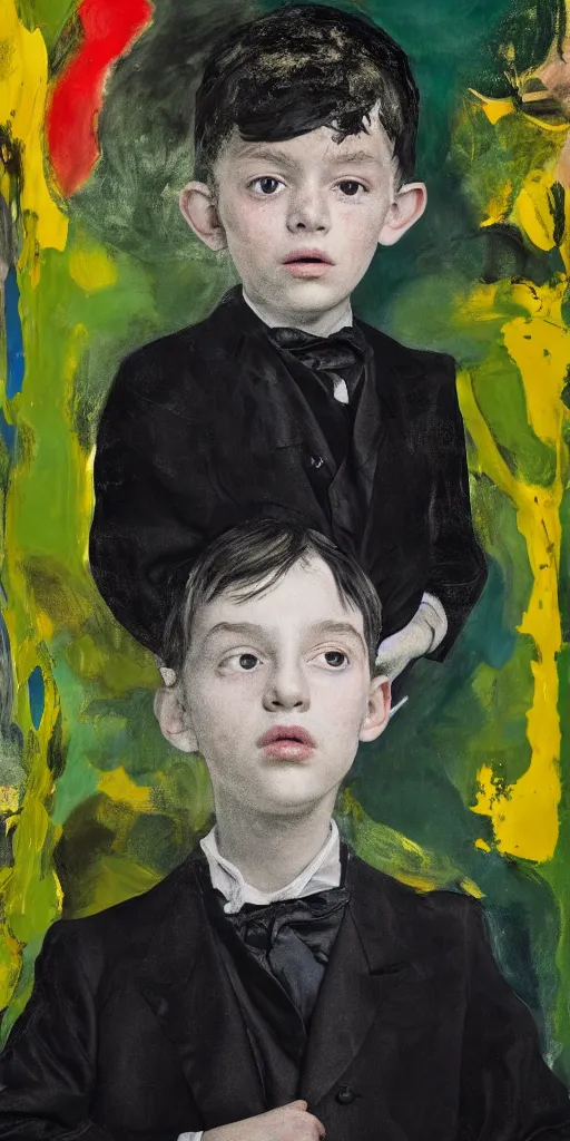 Image similar to portrait of a child in tuxedo painted by vincent lefevre and hernan bas and pablo amaringo and pat steir and hilma af klint, background in high definition 3 d, psychological, photorealistic, dripping paint, washy brush, rendered in octane, altermodern, masterpiece