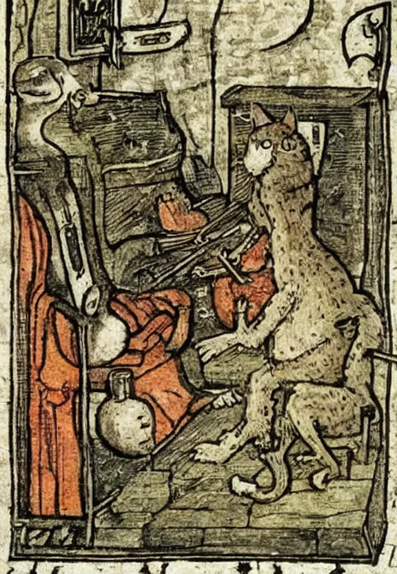 Image similar to [Grim medieval illustration of a cat watching youtube on a computer]